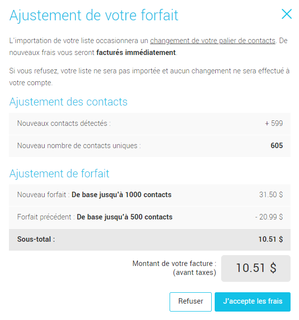 Ajustement de votre forfait, accepter les frais