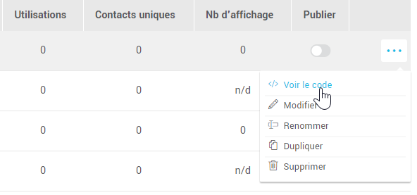 Obtenir le code dans le menu d'actions des formulaires